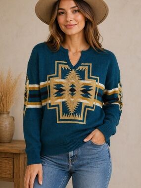 Pendleton Women's V-Neck Sweater in Teal and Gold